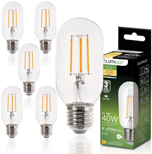 Lumiled LED Leuchtmittel E27 T45 Stabform 4W ersetzt 40W 470lm Warmweiß 3000K Filament Glas 360° Abstrahlwinkel - 6er Pack Dekoratives Licht Vintage Design Energieeffizient