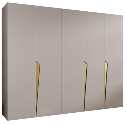 MEBLE KRYSPOL - Kleiderschrank - Garderobenschrank - 250 cm x 202 x 52 cm - Schrank mit Kleiderstange, 5 Türen - für Schlafzimmer, Flur - Piano, Kaschmir, Griff Gold