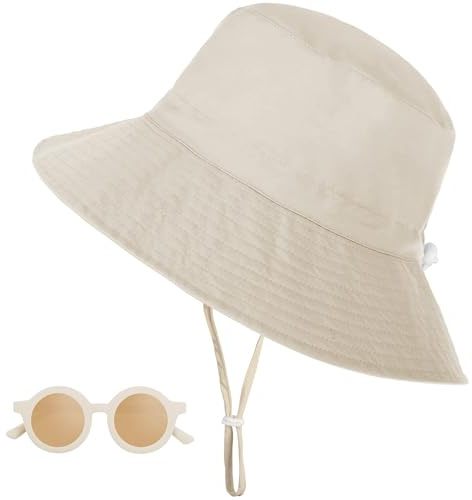 Shedoo Sonnenhut Baby, UV Schutz UPF 50+ Breiter Krempe Fischerhut mit Sonnenbrille, Nackenschutz Bucket Hat mit Verstellbarem Kinnriemen, Strandhut für Mädchen, Junge, Kinder - Beige, 6-24 Monate