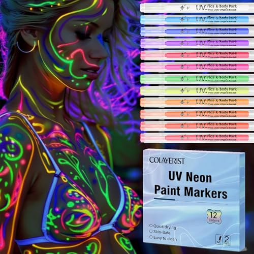 COLAYERIST 12 Schwarzlicht Farbe Stifte, Glow in the Dark Farbe Tattoo Stifte, Neon Schminke Leuchtstifte im Dunkeln, UV Fluoreszierende und Neon Körperfarbe für Festivals