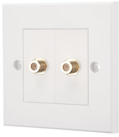 iSynq F-Type Satellite Coax Wall Faceplate – Dual Port (2 x F-Type Female Socket) | White Single Gang Euro Module Plate | Screw-Fit, No Soldering | TV, Sky, Freesat Compatible