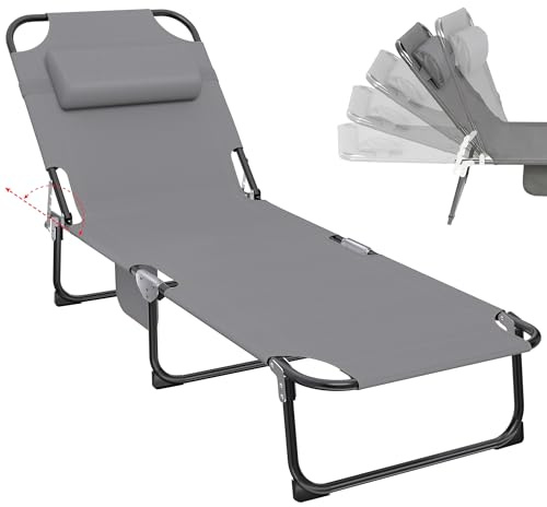 Tumbona plegable, ligera y resistente a la intemperie, silla de jardín de 5 niveles con función de descanso, tumbona de tres patas, tumbona de jardín de hasta 150 kg, tumbona de playa plegable para
