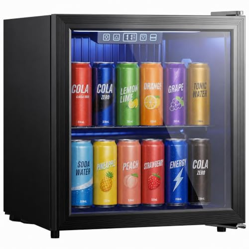 HOMCOM Frigorífico de Bebidas 50 L Mini Nevera Puerta de Vidrio Doble | Iluminación LED, 2 Estantes Ajustables, 2-18℃, para 70 Latas, Nevera Pequeña para Refrescos, Cerveza y Vino