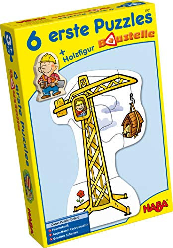 Haba 3901-6 erste Puzzles Baustelle, Puzzle mit 6 lustigen Baustellenmotiven für Kinder ab 2 Jahren, mit Bauarbeiterholzfigur zum freien Spielen
