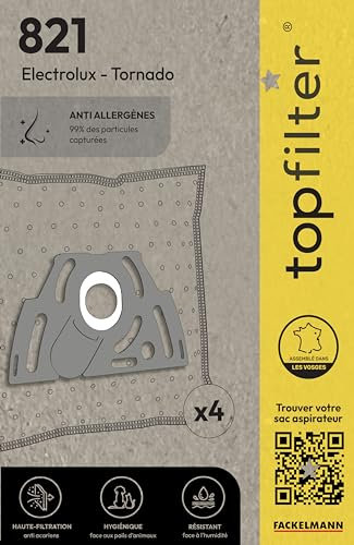 TopFilter 821, 4 sacs aspirateur pour Electrolux et Tornado boîte de sacs d'aspiration en non-tissé, 4 sacs à poussière (30 x 26 x 0,1 cm)