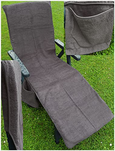 KH-Haushaltshandel Frottee Liege Stuhl Schon Bezug, mit Seitentasche, 190 x 60 cm, für Gartenliege Strandliege, Baumwolle, ÖKOTEX (grau)