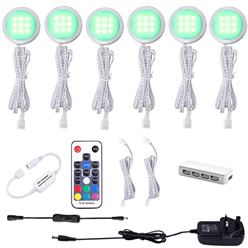 AIBOO Under Cabinet Kitchen Lights RGB 6 Pack with Remote,LED Under Cabinet Light Colour Changing Puck Light 12V Ultra Slim Dimmer&Timer Under Cupboard Kitchen Lights Pulg in,Under Counter Light