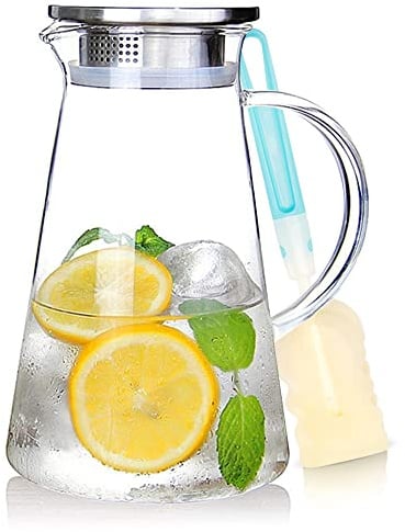 SUSTEAS 2.0 Liter 68oz Glass Pitcher with Lid, Easy Clean Heat Resistant Glass Water Carafe with Handle for Hot/Cold Beverages - Water, Cold Brew, Iced Tea & Juice, 1 Free Long-Handled Brush Included