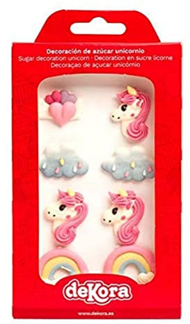 Dekora Sugar Cake Or Cupcake Decoration-Pack of 8 Edible Figures Including Unicorn, Hearts & Rainbows-Suitable for Vegetarians, Mix, Approx 4-5cm