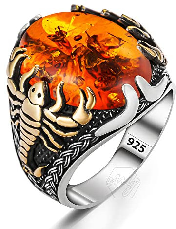 mysilverworld Herren-Ring aus massivem 925er-Sterlingsilber mit Bernstein, Skorpion-Figur, 925er-Sterlingsilber, Metall, Bernstein (simuliert)