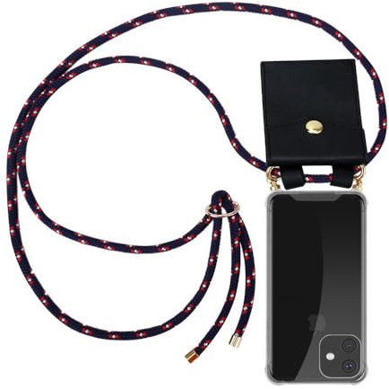 cadorabo Necklace Case works with Apple iPhone 11 PRO (XI PRO) in BLUE RED WHITE DOTS - Transparent TPU Silicone Cover with Golden Rings, Sling Strap and Removable Etui
