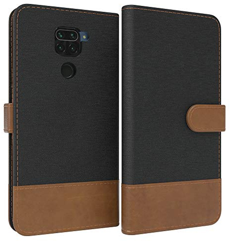 EAZY CASE Tasche kompatibel mit Xiaomi Redmi Note 9 / Redmi 10X 4G Stoff Schutzhülle mit Standfunktion Klapphülle, Handytasche Handyhülle mit Magnetverschluss und Kartenfach, Kunstleder, Schwarz