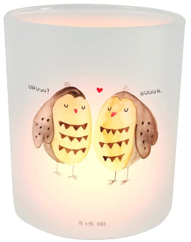 Mr. & Mrs. Panda Windlicht aus Glas Eulen Liebe - Geschenk, Paar, Teelichthalter, Owl, Windlicht Dekorieren, Teelichtglas, Freund, Freundin Geschenk,