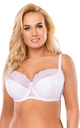Vivisence Underwired Bra Lace Semi Padded Bra Half-Padded Cups Floral Lace Details Adjustable Straps Side Seam Boning Perfect for Elegant Gift, White,32D