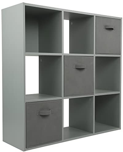 Charles Jacobs Grey 9 Cube Storage Shelving Unit + 3 Grey Fabric Drawers
