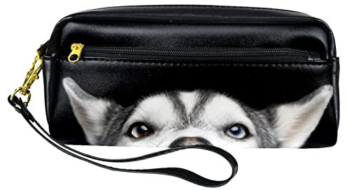 Peeking Sibirischer Husky Hund Federmäppchen Stiftetasche Tasche Etui PU-Leder Schreibwaren Tasche mit Reißverschluss für Jungen Mädchen Schule & Büro