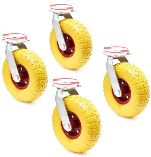 Wiltec Lenkrollen Set 4x Möbelrolle Ø258 bis 150kg pro Rad 78mm hoch mit Metallfelgen pannensicher gelb, leiser Lauf, Transportrollen Möbelrollen
