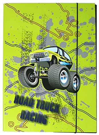 Kinder Heftbox A4 Heftmappe A4 Ordner A4 Kinder Mappe A4 Sammelbox A4 aus Pappe mit Gummizug - DIN A4 Hefter für Jungen (Off Road Truck)
