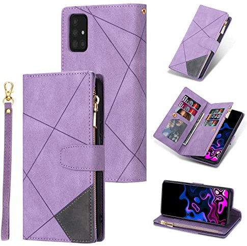 UEEBAI Hülle für Samsung Galaxy A51 4G, Vintage Reißverschluss Handyhülle PU Leder Handytasche Silikon Bumper mit 9 Kartenfächer Standfunktion Geldbörse Trageband Schutzhülle Flip Wallet Case - Lila#