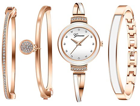 JewelryWe 4pcs Damenuhr Armreif Set Damen Strass Metallarmband Analog Quarz Uhr Kristall Armband Schmuckset Geschenke für Frauen, Rosegold Weiß