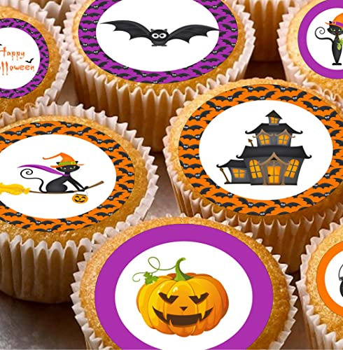 cakes 24 edible PRE CUT Halloween (framed) style kids childrens party decorations Wafer Paper Cupcake Fairy Cake Toppers, Multi