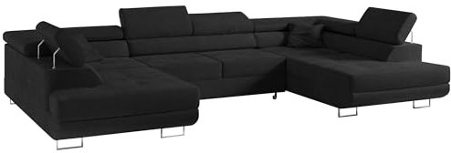 MKS MEBLE Sofa Schwarz Wohnzimmer - Wohnlandschaft - U-Form Couch mit Schlaffunktion - Schlafsofa mit Bettkasten - Wohnzimmer U Couch - Polstersofa mit Bettkasten - Gustaw U Schwarz Kronos