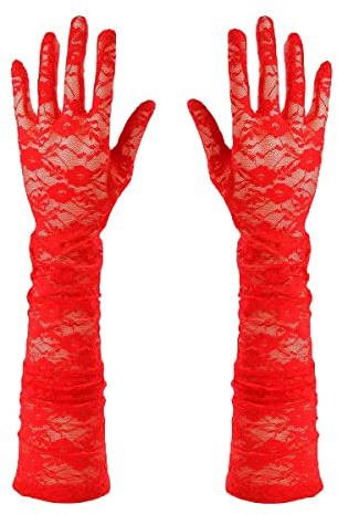 Jagowa 1 Pair 2 Pcs Long Lace Gloves Long Evening Gloves Floral Lace Elbow Gloves for Wedding Prom Opera (Red)