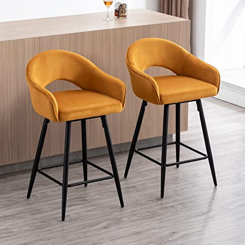 Wahson Samt Barhocker 2er Set 360°drehbar Barstuhl Bistrohocker mit Rückenlehne, gepolsterte Küchenhocker Thekenhocker mit Metallbeine für Kücheninsel/Hausbar, Gelb