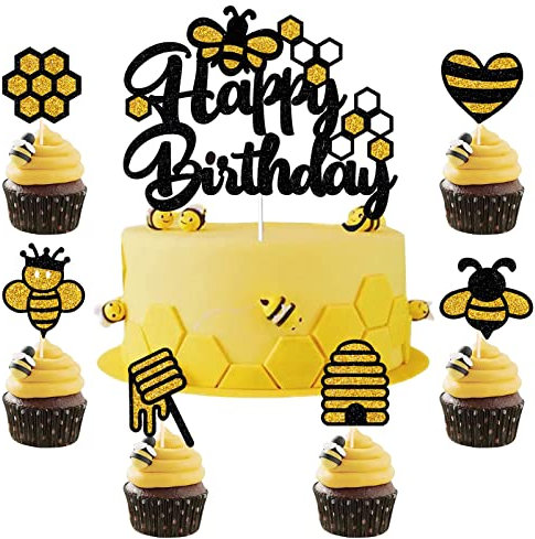 HSDSH 13 Stück Biene Tortendeko Biene Kuchen Topper Golden Glitzer Geburtstag Kuchen Dekoration Bee Cupcake Topper für Kinder Baby Junge Mädchen Bee Thema Geburtstag Party Deko