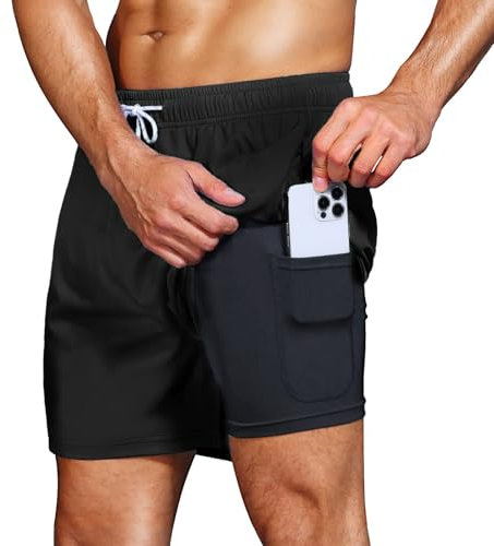 HMIYA Badehose Herren 2 in 1 Badeshorts Schwimmhose Schnelltrocknend Kurz Boardshorts mit Kompression und Reißverschlusstaschen(Schwarz S)