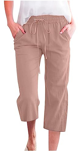 oglccg Womens Capris Trousers 3/4 Pants Cotton linen Elastic High Waist Cropped Drawstring Summer Autumn Solid Color Pockets Loose Straight Wide Leg Outdoor Plus Size 8-98, Rose Gold, XL