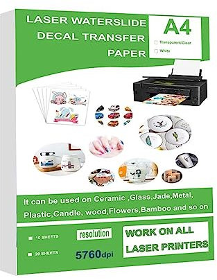MSEURO Waterslide Decal transfer paper Laser Clear white Transparent Printable Water Slide A4 Size for DIY Decals Gift Crafts Lucky (Color : Clear 20pcs)