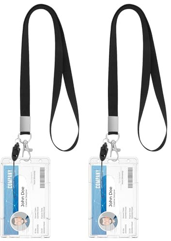 cobee Lot de 2 porte-badges en plastique dur avec cordons, protecteur de cartes de crédit robuste avec fente pour le pouce et cordon tour de cou amovible, porte-étiquette transparent, étui vertical