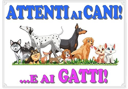 Cartello Targa da Cancello clipart ATTENTI AI CANI E AI GATTI umoristico in plastica laminata ad alto spessore (500 micron) cm 22x31 adatto a cancelli e portoni