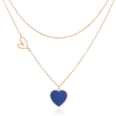 Linawe Royal Blue Heart Choker & Layered Necklaces, Rose Gold Heart Pendant Chain, Stainless Steel Stacked Jewellery Y2K Style