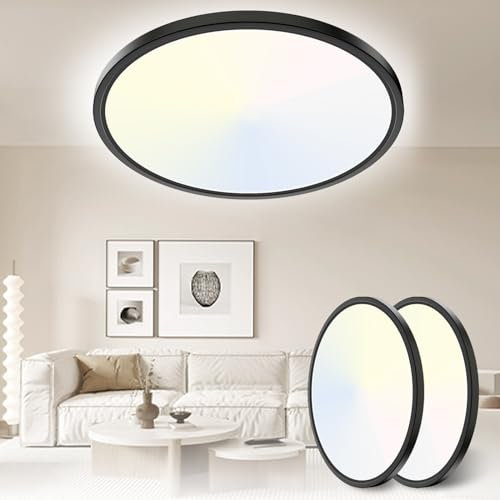 Yexati 2 Stücke LED Deckenleuchte 24W 6000K/4000K/3000K, Deckenlampe 3 Farbtemperatur 3200LM IP54 Rund Flach Modern Schlafzimmer Lampe für Flur Badezimmer Balkon Wohnzimmer Büro Küche Keller Ø300