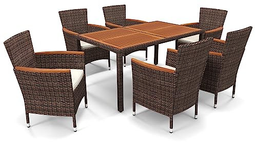 COSTWAY 7 TLG. Rattan Gartenmöbel Set, Sitzgruppe für 6 Personen, Gartentisch mit Tischplatte aus Akazienholz, 6 stapelbare Stühle & Kissen, Terrassenmöbel Set, Gartengarnitur, Sitzgarnitur, Essgruppe