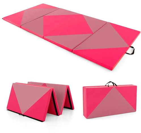 COSTWAY Tapis de Gymnastique Pliable Epais 240x117x5CM, Matelas d'Entrainement en Mousse et PU avec Poignées, pour Gymnastes Entraînements Sportifs Yoga (Rose et Rouge)