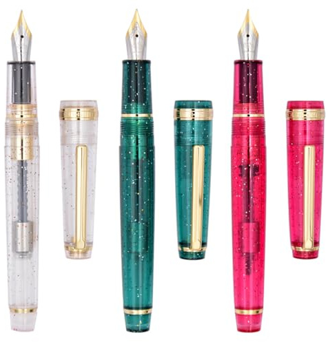 Ranvi 3 Stück Jinhao 82 Füllfederhalter, transparentes fluoreszierendes Acryl in Weiß, Rot und Grün, feine Iridiumfeder mit Goldbesatz und Konverter-Set
