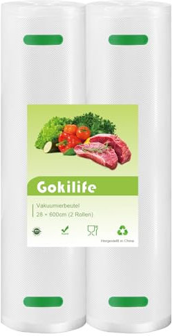 Gokilife Vakuumierbeutel - 2 Rollen 28x600cm Reißfest ca. 450µm, Vakuumierfolie für alle Vakuumierer & Lebensmittel Vakuumiergerät, Profi Folienrollen BPA-frei, Kochfest und Sous Vide Gefrierbeutel