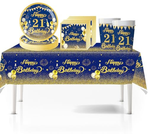 41Pcs Blue Gold 21st Happy Birthday Party Tableware Decorations for Him Plastic Table Cloth,7inch Paper Plates,Napkins, Cups for Men Birthday Table Party Tableware Set for Him Adults Birthday Party