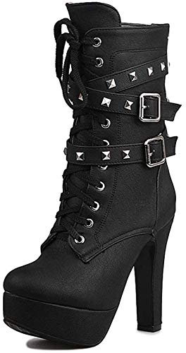 WOOD MEETS COLOR Donne autunno punta rotonda caviglia fibbia chunky tacco alto piattaforma cavaliere stivali（Black S-6，37）