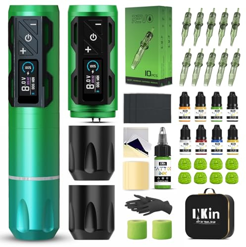 INKin Kit Tatuaje Completo, Maquina de Tatuar Kit Completo Inalámbrico Profesional con Batería 2 Piezas de 1800 mAh Fuente de Alimentación y Revo Agujas Tatuaje, Tinta Tatuaje para Tatuadores- CL4