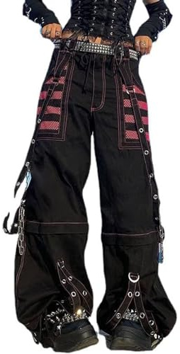 Goth Baggy Jeans für Damen, Weites Bein E-Girl Grunge Gothic Hose Harajuku Y2k Tripp Hose Punk Streetwear(B,Large)