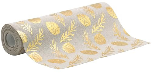 100%Mosel Tischläufer Leinenoptik Natur, Kiefernzapfen in Gold, (28 cm x 5 m), Tischband, edle Tischdeko für Weihnachten & Adventszeit, Festliche Dekoration zu besonderen Anlässen