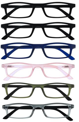 OPULIZE TED Lesebrille - 6er-Pack - Rechteckiger Rahmen - Schwarz, Blau, Pink, Khaki, Grau - Herren Damen - Federscharniere - RRRRRR17-113467 - +3.00