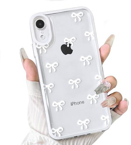 NITITOP Compatible with iPhone XR Case Cute Clear White Durable Ribbon Bowknot Pattern for Girls Women Soft TPU Transparent Full Camera Lens Shockproof Protective Phone Cover - White