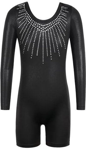 ZNYUNE Einteiliger Mädchen-Gymnastikanzug, langärmelig, glitzernd, Tanzen, athletisch, Balletteinteiler für 3–12 Jahre, B390, Schwarz, Größe 150