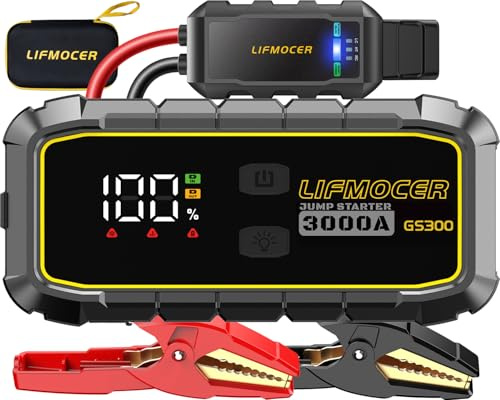 LIFMOCER GS300 3000A Car Battery Jump Starter for Up to 10.0L and 8.0L Diesel Engines, 12V Portable Jump Box with Quick Charge USB Storage Case and Display