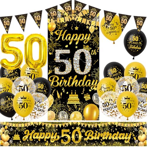 Deko 50. Geburtstag Mann Frau - Schwarz Gold 50 Jahr Geburtstagsdeko Banner Luftballons und Wimpel, Stoff Hintergrund XXL Zahlen Ballons für 50 Geburtstagsfeier Dekoration